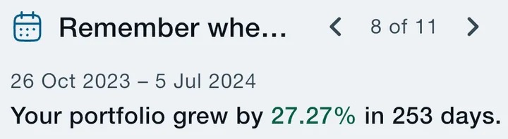 The card’s own lines lifted from that screen and magnified: 26 Oct 2023 – 5 Jul 2024, your portfolio grew by 27.27% in 253 days