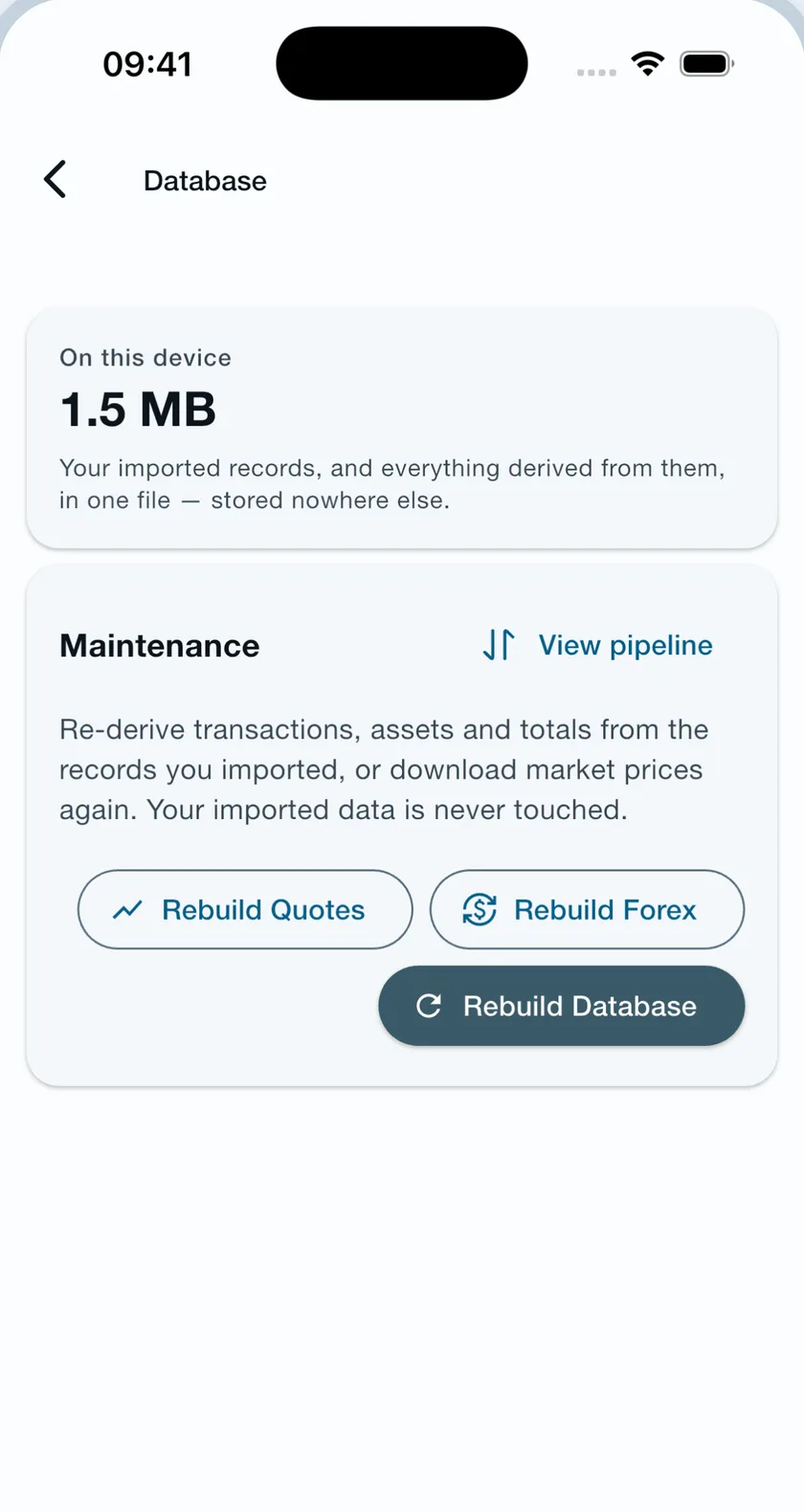 Tracker 212 database settings: on this device, 1.5 MB — your imported records and everything derived from them in one file, with rebuild controls beneath